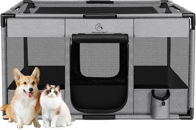 Dog Playpen,Fabric Fence, Portable Soft Cat Kennel Crate,Breathable Exercise Puppy Pen,PVC Pipe Frame,Indoor Outdoor Cage for Medium Animals Under 50 Ibs with Carrying Case(Grey L)