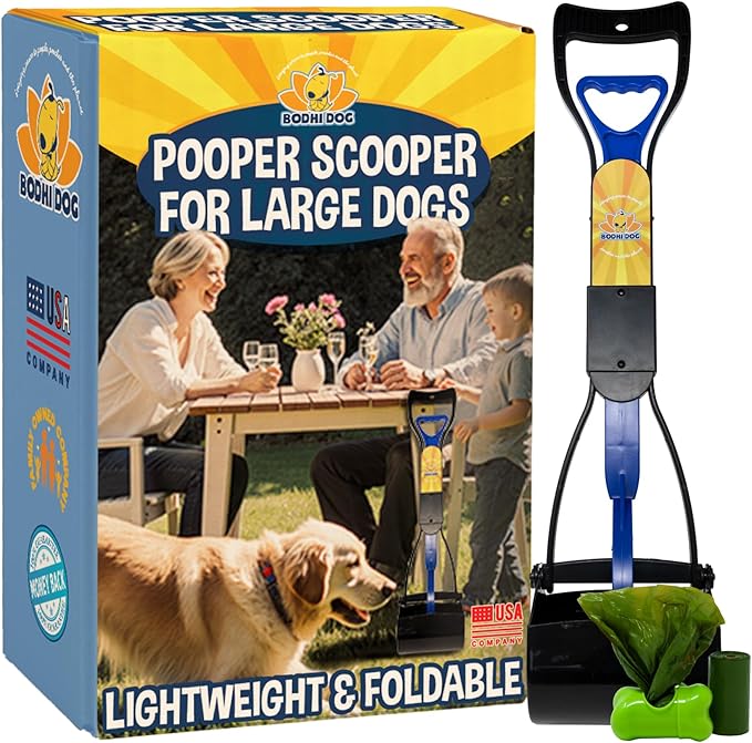 Bodhi Dog Complete Poo Pack- 24" Pooper Scooper, Poop Bags, & Waste Bag Holder, Ideal for Small to XL Pets - Durable, Easy-to-Use, Great for Grass, Gravel, & Outdoor Cleanups (Blue)