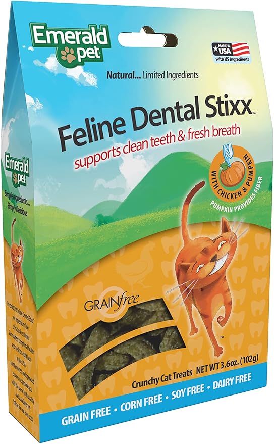 Emerald Pet Feline Dental Stixx — Tasty and Crunchy Cat Sticks with Pumpkin for Digestive Health — Natural Grain Free Treats for Clean Cat Teeth and Fresh Breath — Chicken Stixx, 3.6 oz