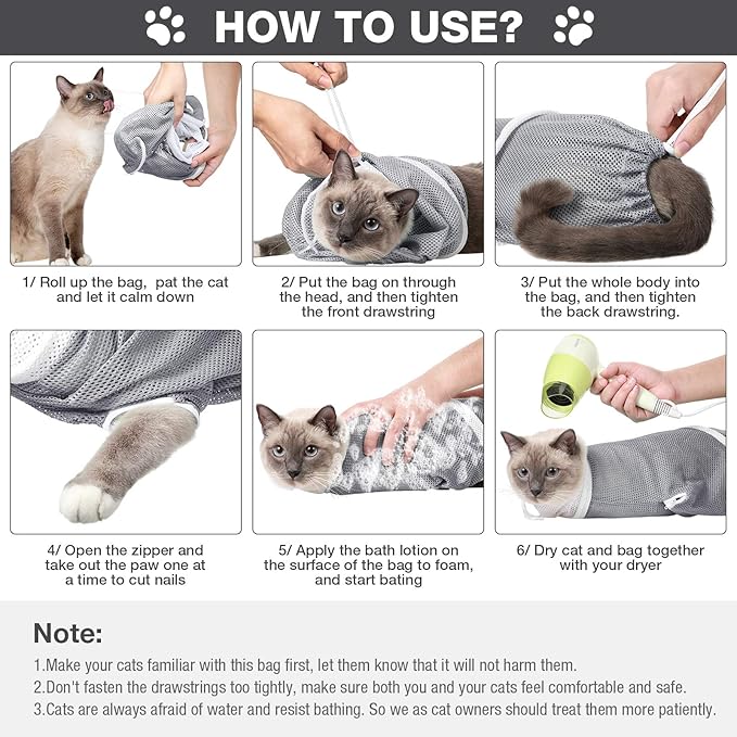 Cat Shower Net Bag Grooming Bathing Adjustable Washing Bag Multifunctional Cat Restraint Accessories Prevent Biting Scratching, Nail Trimming, Ears Clean, Keeping Calm(Grey)
