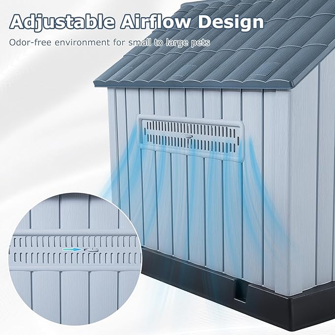 LEMBERI Plastic Dog House for Medium Dogs, Durable Waterproof Indoor Outdoor Doghouse with Air Vents and Elevated Floor, Easy to Assemble (Gray, 33.5" L x 31.5" W x 33.9" H)