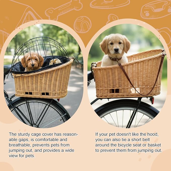 Rear Bike Basket for Dogs, Wicker Pet Bicycle Carrier for Small Dog Cat with Protective Grille Liner Eco Friendly Natural Rattan Doggy Back Luggage Rack Seat (Brown Style1)