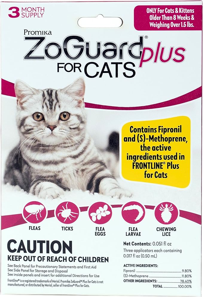 ZoGuard Plus Flea and Tick Prevention for Small Cats – Flea & Tick Prevention for Cats Over 1.5lbs (3 Doses)