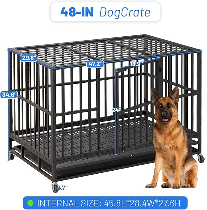 48 Inch Heavy Duty Indestructible Dog Crate, XL Steel Escape-Proof Kennel for Large Dogs, Double Door Design with 4 Locking Wheels & Reinforced Baseplate, Ideal for High-Anxiety Dogs