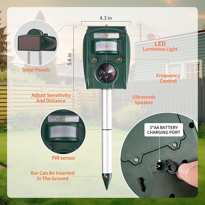 Deer Repellent Devices, Ultrasonic Solar Squirrel Repellen Outdoor, Animal Repellent 5 Adjustable Modes, Raccoon Deterrent, Rabbit Cat Dog Repellent with Motion Sensor for Yard