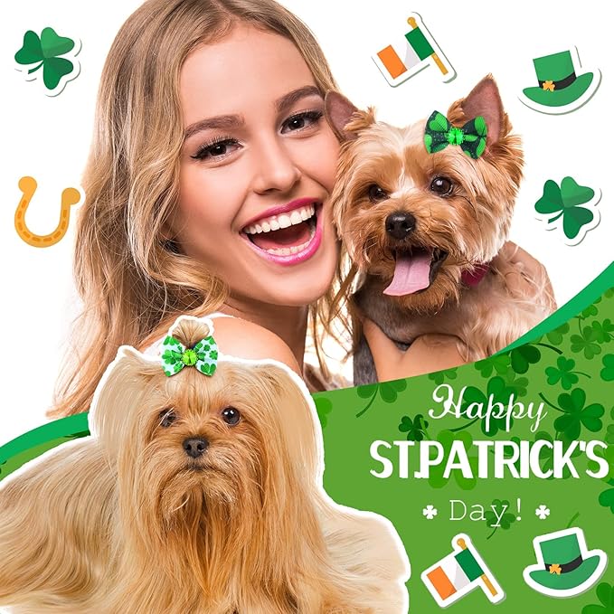 Tondiamo 100 Pack St. Patrick's Day Dog Hair Bows with Rubber Bands St. Patrick's Day Puppy Bows Rhinestone Pet Hair Accessories Dog Bows Grooming for Small Girl Dogs (Shamrock Pattern)