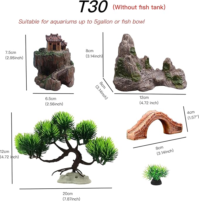 Small Japanese Fish Tank Decorations Set, Suitable for Aquariums up to 5 Gallon or Fish Bowl, Includes Small Decorations Artificial Plastic Plants Fish Tank House