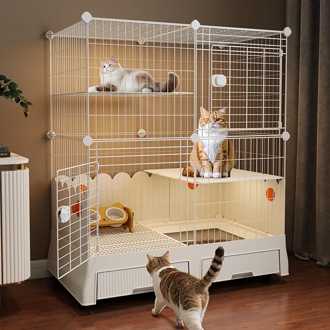 Oneluck Cat Cage Indoor On Wheels,Cat Kennel with Litter Box,35.5" L x 21.6" W x 44.4" H,Ideal for 1-3 Cats