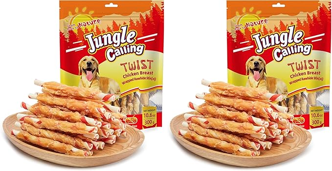 Jungle Calling Dog Treats, Chicken Wrapped Rawhide Chew Sticks - High Protein, Low Fat Dental Chews for Teeth Cleaning & Training Rewards, 10.6oz (Pack of 2)