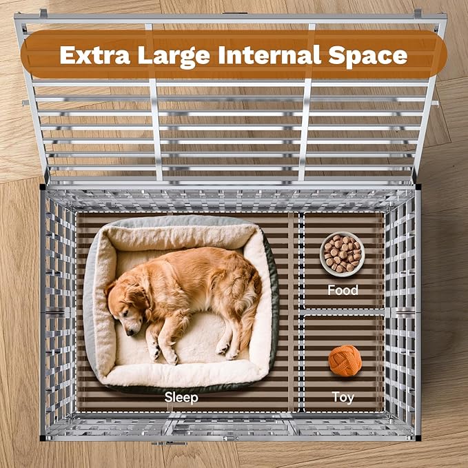 42" Heavy Duty Dog Crate, Escape Proof Stainless Steel Dog Kennel with Top Opening, 4 Lockable Wheels, Easy Clean Metal Dog Cage for Large/High Anxiety Dogs