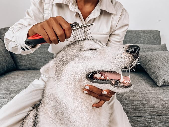 Dematting Comb For Dogs & Cats – Detangling Brush Tool For Dogs Easily & Safely Remove Dead, Matted Or Knotted Hair | Ergonomic, No-Slip Safety Handle for Precision Control | For Poodles & Curly Hair