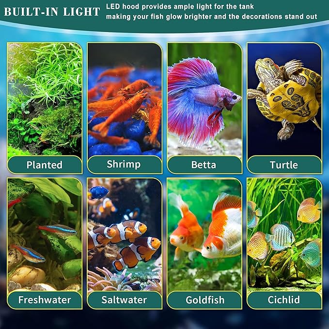 3 Gallon Fish Tank Aquarium Kit with LED Lights, Filter & Plant Planter - Retro TV Shaped Design Desktop Water Garden for Betta/Goldfish (Black - 3 Gallon)