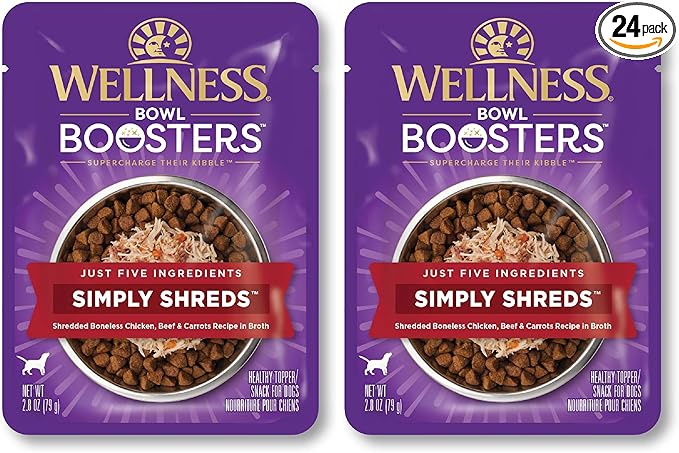 Wellness Bowl Boosters Simply Shreds Wet Dog Food Topper for Small,Medium,& Large Breeds,Grain Free,Natural,Chicken,Beef & Carrots,2.8 Ounce Pouch,(Pack of 24)