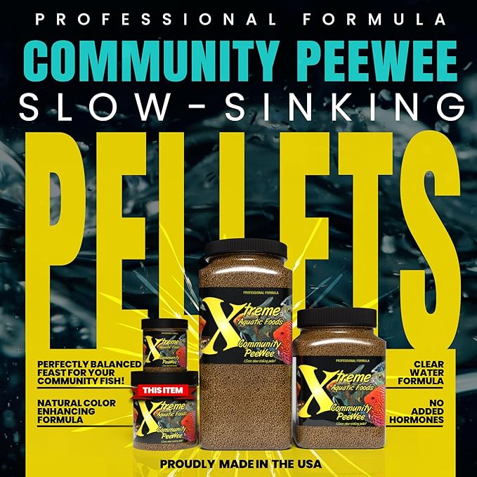 Xtreme Community Peewee 1.5mm Pellets: Slow Sinking & Ideal for Community Fish - Boosts Immune & Digestive Health, Enhances Color & Energy, Max Protein Fish Food – USA Farm Grown (10oz)