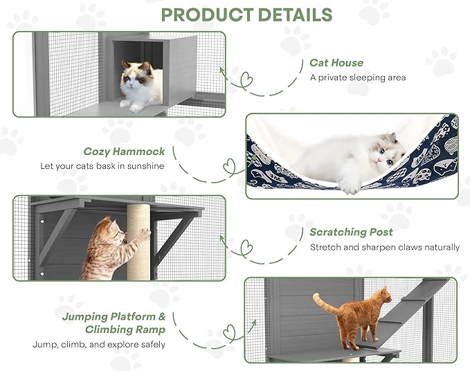 Catio Indoor Cat Enclosure on Wheels, 2-Tier Large Cat Catio for Multiple Cats, Wooden Kitty Cage with Resting Box, Platform, Sunshine Roof, Grey