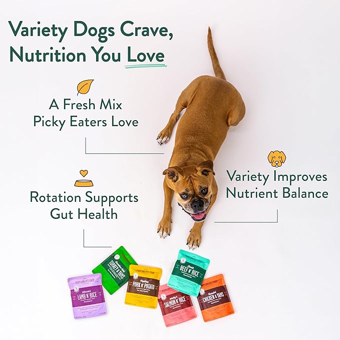 Portland Pet Food Company Fresh Dog Food Pouches - Human-Grade Topper Mix-Ins & Wet Pet Meals - Small & Large Breed Puppy & Senior Dogs - Gluten-Free Limited Ingredient Meal Toppers - 5 Pack Variety