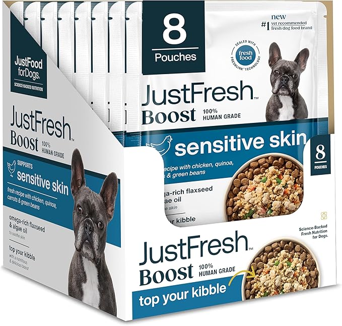 JustFoodForDogs JustFresh Boosts Sensitive Skin Dog Food Topper with Vitamin C, Vitamin E, Algae Oil, Omega-3 Fatty Acids, 8 oz Pouches - 8 Pack