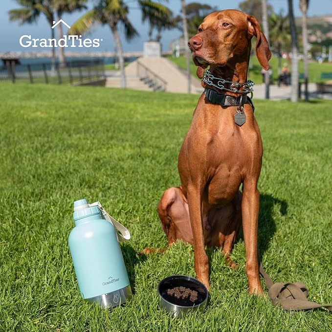 GrandTies Insulated Portable Dog Water Bottle with 2 Detachable Water Bowl Dispenser | Leak-Proof Dog Food Travel Container | Accessories for Dogs Walking, Hiking, Camping (64oz, Powder Green)