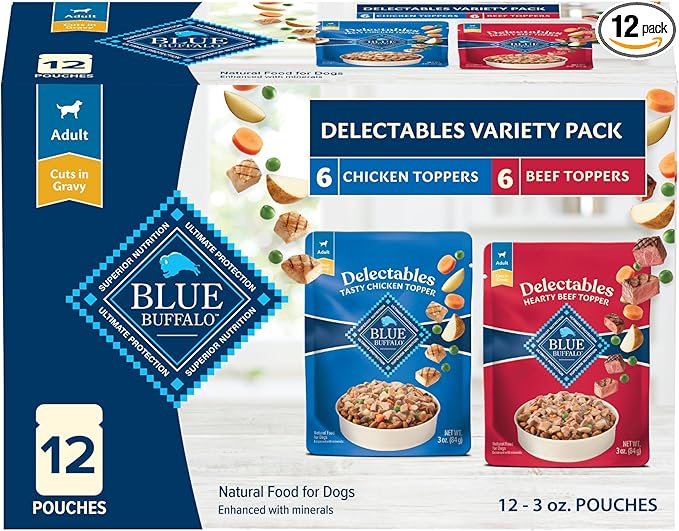 Blue Buffalo Delectables Natural Wet Dog Food Toppers Variety Pack, Tasty Chicken & Hearty Beef, Cuts in Gravy, 3-oz. (12 Pouches, 6 of Each Flavor)