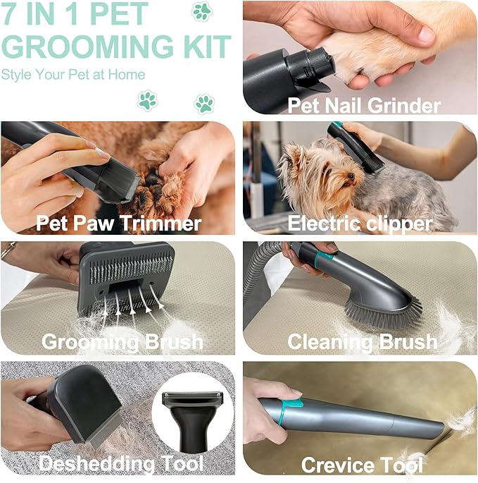 Pet Grooming Vacuum Kit for Dogs Cats, Uproot Cleaner Pro Pet Hair Remover Suction 99% Pet Hair, 7 in 1 Grooming Tools with Professional Clippers for All Furry Pets (Silver Gray)