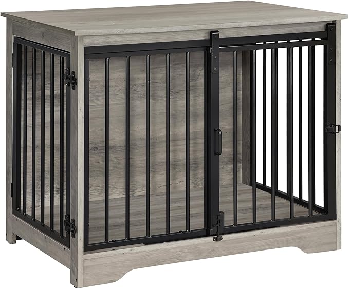 31.9" Dog Crate Furniture with Barn Door, Heavy Duty Dog Kennel Indoor with 2 Doors, Wooden Pet Cage End Table for Small Medium Dogs up to 44 lb, Anti-Chew Anti-Escape, Greige DFC83605B