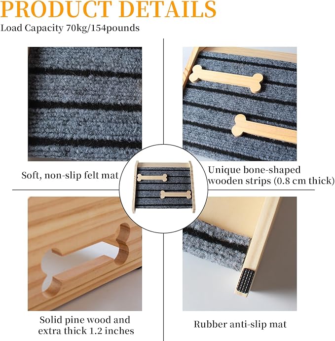 2-Pack Wooden Dog Ramp for Stairs - with Carpet Surfac with Anti-Slip Bone Strips. Small Dogs-Natural Pine Wood Pet Step Ramp&Assist for Senior, Injured Pets, Porch Steps Indoor Use