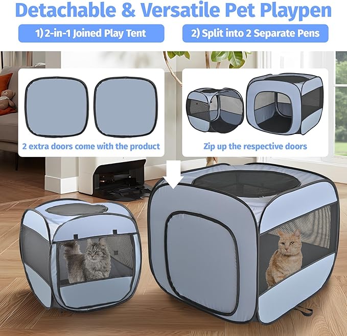 EighteenTek® 2-in-1 Portable Cat Playpen, Detachable into 2 Separate Cages with Additional 2 Doors, Pop up Pet Play Pen Cat Tent House, Foldable Puppy Enclosure Kitten Crates Indoors Outdoor(Grey)