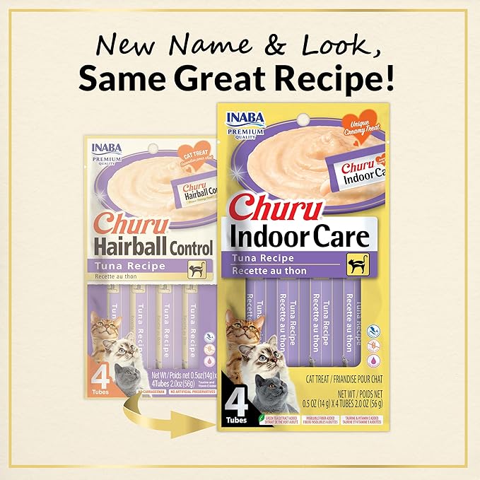 INABA Churu for Cats, Functional, Creamy Lickable Purée Cat Treat for Indoor Care and Hairball Control with Taurine & Vitamin E, 0.5 Ounces Each, 12 Tubes (4 per Pack), Tuna Recipe