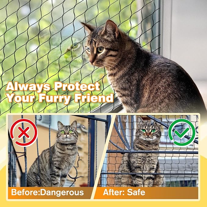 Steel Reinforced Cat Netting for Balcony Anti-Fall Fence Safety Net, Extra Strong Cat Net for Catio Safety Cat Balcony Netting for Pets Cat Proof Screen Pet Net Cat Balcony Protection Barrier10FTx33FT