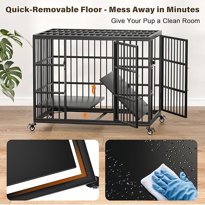 VERIFURTY 36 Inch Heavy Duty Dog Crate for Medium and Large Dogs with Self-Locking Latch, Escape-Proof Steel Dog Kennel Indoor, Double Door Metal Pet Cage with Wheels and Removable Floor