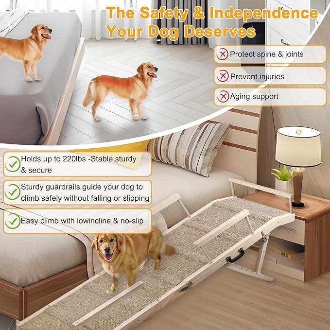 Dog Ramp for Bed, Couch & Car – Adjustable Foldable Pet Ramp, 64.17" Long, 17.72" Wide, Non-Slip Surface with Safety Rails, 8 Heights 20.08"-28.35", Supports 220 lbs, Solid Wood (Wood, 17.72)