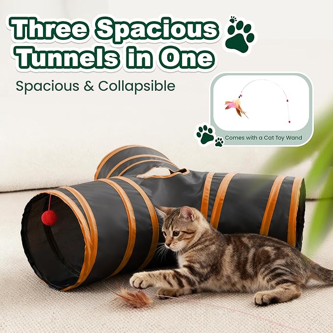 Love’s Cabin Cat Tunnel for Indoor Cats, 3-Way Collapsible Play Tunnel with Teaser Wand, Peek Holes & Toy Ball, Small Pet Toy for Kittens & Rabbits, Black & Orange, Small Size