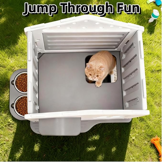 Insulated Outdoor Cat House Weatherproof for Feral Multi Cat, 2 Story Plastic Elevated Cat Shelter with Escape Door, Scratching Post, Stainless Steel Bowl, Grey 35" D x 15" W x 20" H