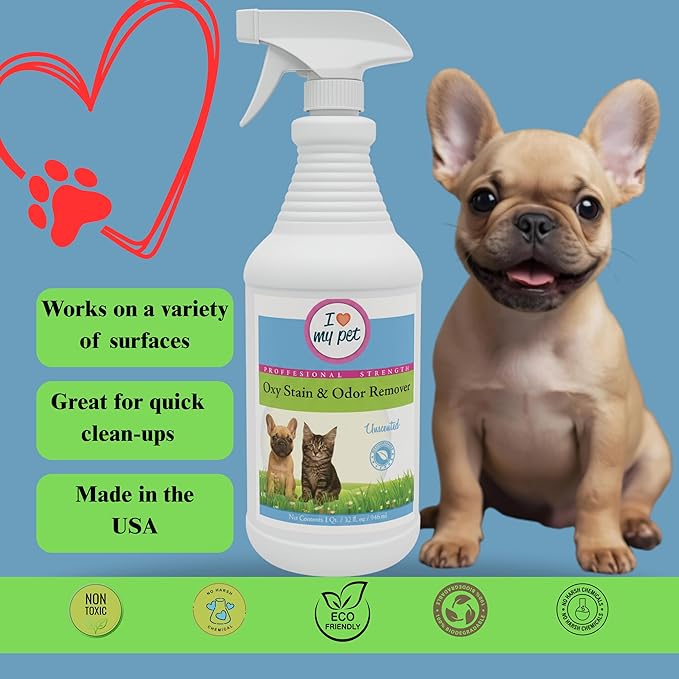 I Love My Pet Unscented Oxy Carpet Cleaner Spray, Professional Strength Stain Remover & Odor Eliminator for Dog & Cat Urine Accidents, 32 oz