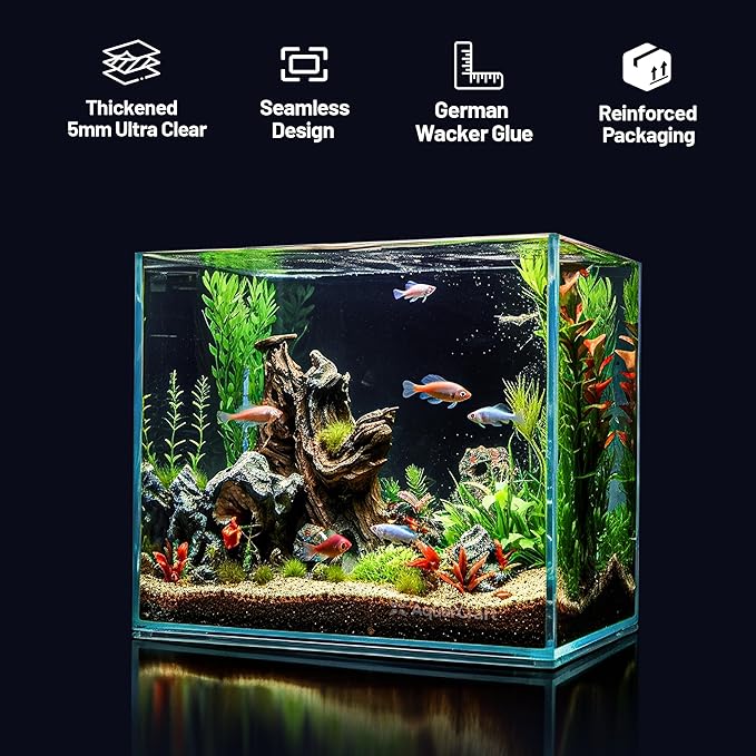 Ultra Clear Glass Fish Tank 3.5 Gallon, 5mm Thickened Rimless Aquarium Tank Low Iron, Nano Aquarium for Betta Gold Fish Shrimp，14.5”L x 5.1”W x 10.6”H