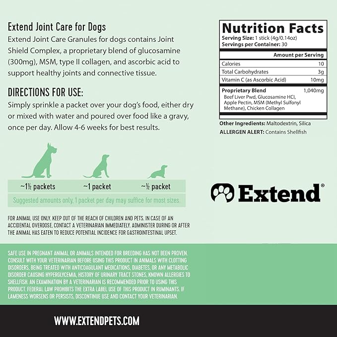 Extend Joint Care for Dogs Beef Flavored Joint Supplement Powder Packets with Glucosamine, Chondroitin, MSM & Collagen, Hip & Joint Support, Mobility & Cartilage Health, Daily Dog Supplement, 60 Count