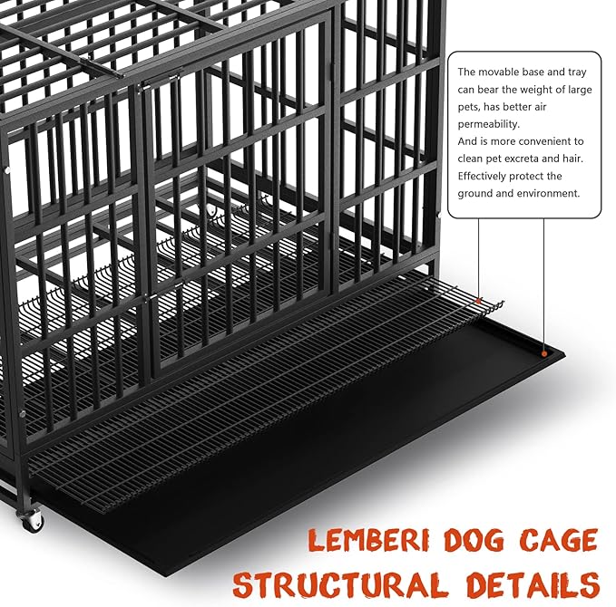 LEMBERI 48 Inch Heavy Duty Indestructible Dog Crate, Escape Proof Double Door Dog Kennel with Lockable Wheels, High Anxiety Extra Large Dog Cage Indoor Use, with Removable Tray