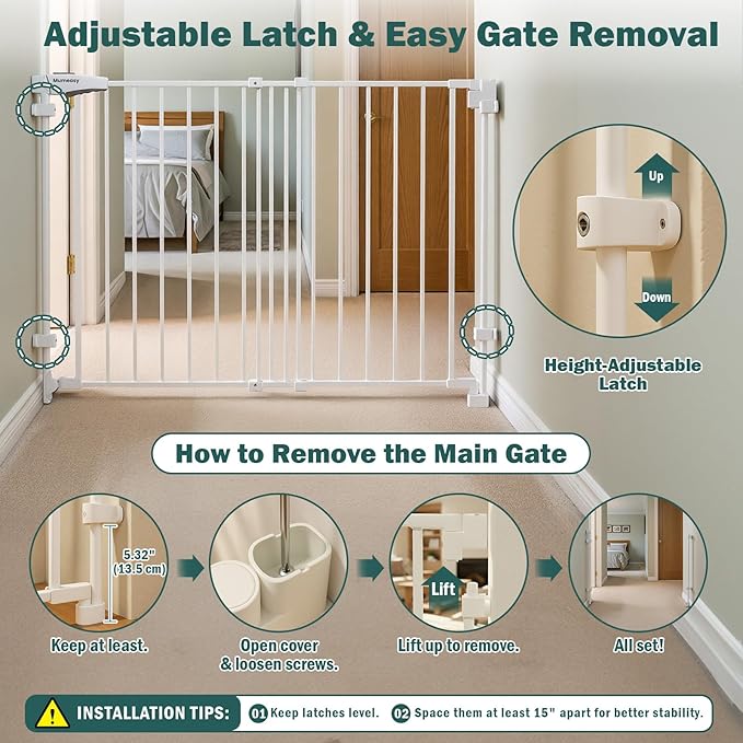 Mumeasy 29.5-43.3" Baby Gate for Stairs, No Bottom Bar Dog Gate with Removable Door & Slide-Adjust Drill Mount, Extra Wide Stairway & Hallway Walk Thru Pet Safety Gate for Doorways, Kitchen (White)