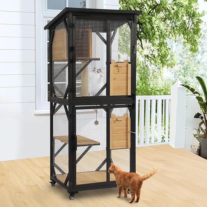 TITIMO 71" Catio Cat Enclosure Window, Large Outdoor/Indoor Cat House for Multiple Cats, Wooden Kitty Condo W/Waterproof Roof, Platforms, Resting Box, Scratching Post, Sisal Ball, Wheels (Black)