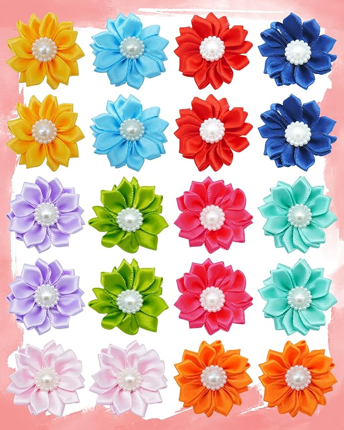 PET SHOW 20 Pack/10 Pairs Flower Small Dogs Hair Bows with Rubber Bands for Small Dogs Cat Puppy Topknot Party Birthday Grooming Hair Accessories