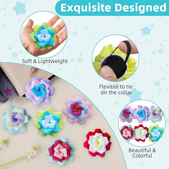 Dog Collar Flowers Accessories, 6 Pack Flower Charms for Dog & Cat Collars, Elastic Slide-On Decorative Flowers for Pet Collars