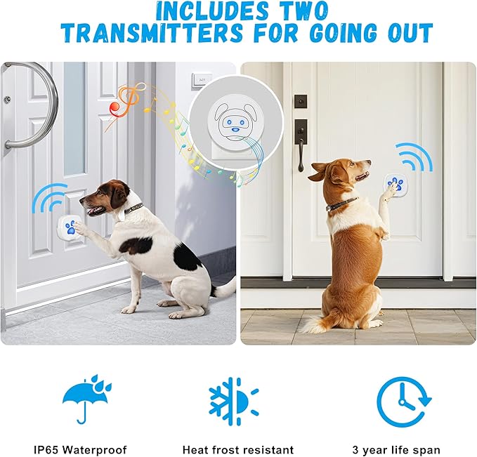 Dog Doorbell, Wireless Ring Bell to Go Outside, IP55 Waterproof Buttons, 55 Melodies, 4 Volume Levels & 950ft Range (White, 2 Recievers 2 Transmitters)
