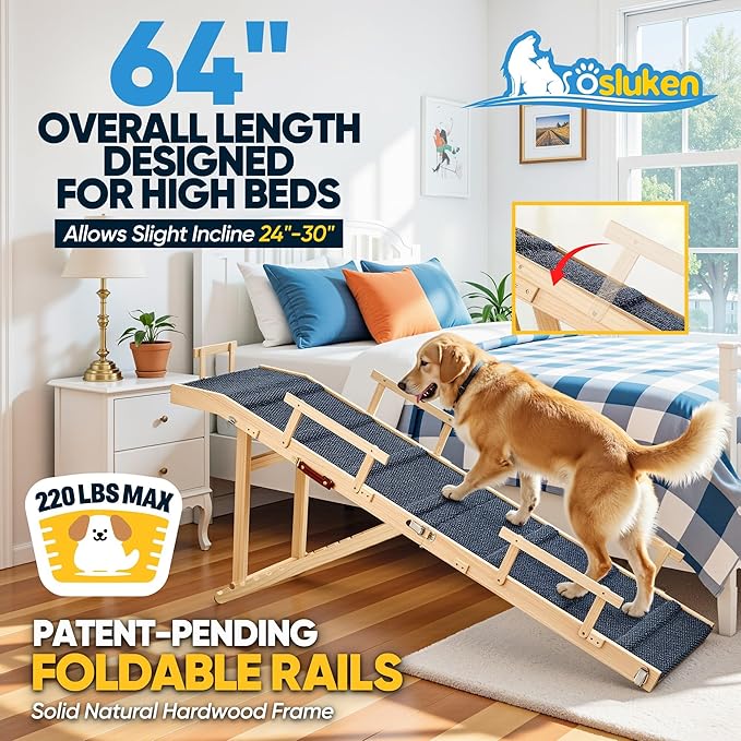 Dog Ramp for Bed with Rails, 64" Long Foldable Pet Ramp for Small Large Dogs, Dog Ramps for High Beds with Safety Side Railng, 6 Adjustable Heights 24" to 30" Up to 220LBS (Gray, 63" X 17inch)