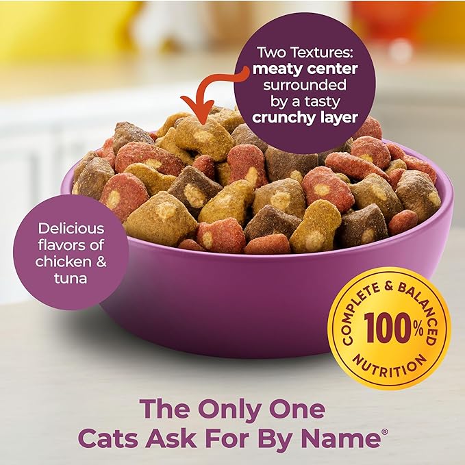 Meow Mix Tender Centers Basted Bites Dry Cat Food,Chicken & Tuna Flavor,3 Pound,Crunchy Outside Meaty Inside,(Pack of 8)