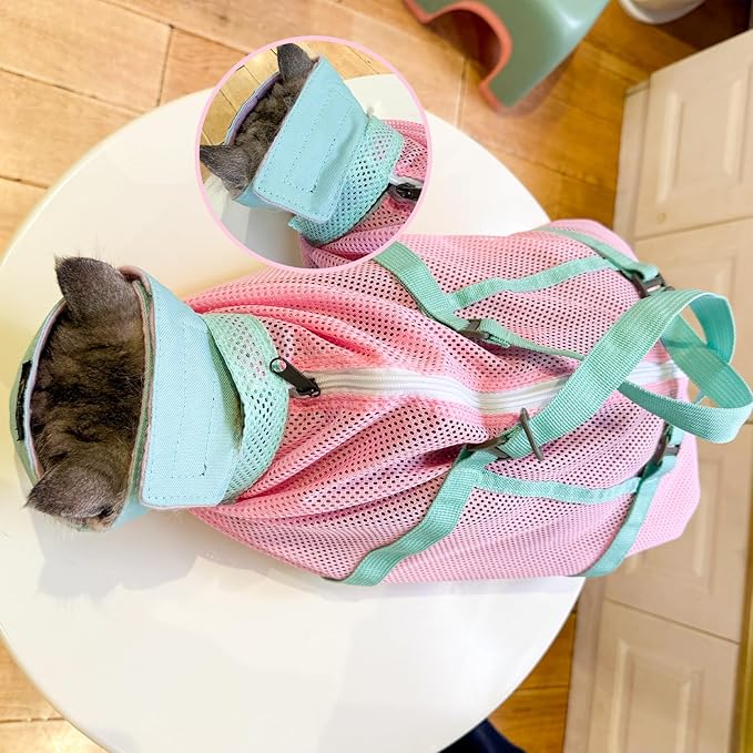 Cinf Cat Bathing Bag(Free Muzzle) Breathable Mesh Anti Scratch Adjustable Cat Grooming Bag for Nail Trimming, Bathing Soft Cat Washing Bag(Spring) L