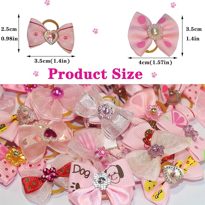50pcs Dog Hair Bow Bowknot, Dog Bows Cute, Puppy Hair Bows Rhinestones Pearls Flowers Mix Styles Pet Grooming Rubber Bands Dogs Hair Accessories Handmade Hair Bows for Yorkie Puppy Dogs