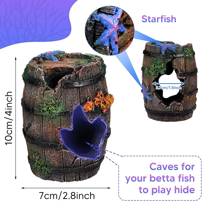 Fish Tank Decoration Betta Fish Aquarium Decorations Accessories, Aquarium Colorful Coral Reef Set, Coral Mountain x 1, Starfish Barrel x 1, Aquarium Decor Plants x 6