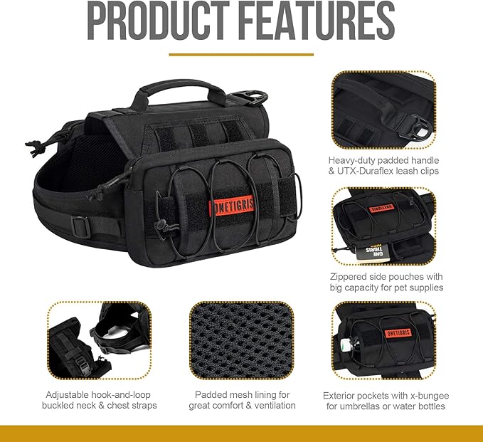ONETIGRIS Dog Backpack for Medium & Large Dogs, Nylon Backpack for Dogs Tactical Pet Backpack with Side Pockets for Hiking Walking Training Running (Black, Medium)