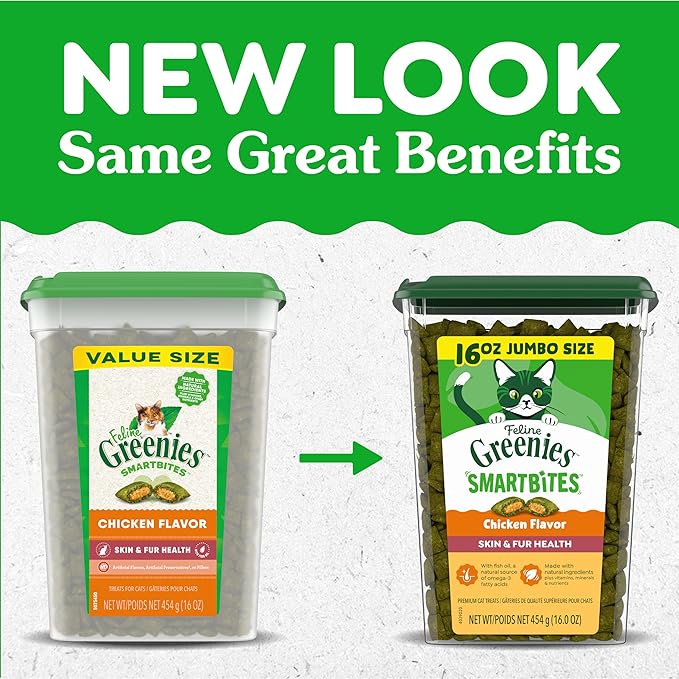 Greenies Cat Treats, Feline Smartbites, Skin & Fur Health, Crunchy and Soft Cat Treats, Chicken Flavor, 16 oz. Tub