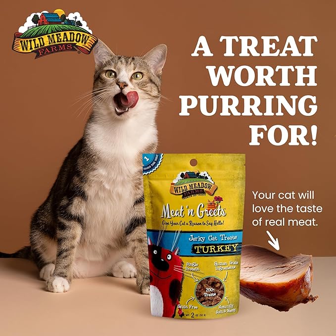Wild Meadow Farms - Cat Treats - Meat 'N Greets - Soft Jerky Treats with Real Meat, High Protein, Grain-Free, Perfect for Training & Rewarding, All Natural Snacks for Cats - Turkey Flavor